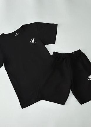 Чоловічий літній костюм calvin klein футболка + шорти чорний комплект кельвін кляйн на літо (b)