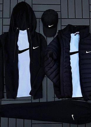 Чоловічий зимовий спортивний костюм nike 5в1 чорний комплект найк кофта штани куртка футболка кепка (b)