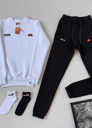 Чоловічий зимовий спортивний костюм ellesse білий із чорним без капюшона аліса світшот + штани + шкарпетки s (bon)