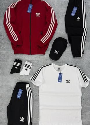 Чоловічий костюм adidas 5в1 кофта на змійці + штани + шорти + футболка + кепка + шкарпетки червоний адідас весняний (b)