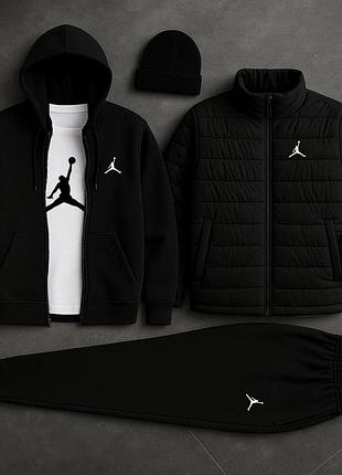 Чоловічий зимовий спортивний костюм jordan 5в1 чорний комплект джордан кофта штани куртка футболка шапка m (b)