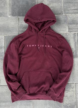Чоловічий худі tommy jeans linear logo з капюшоном, червоний (red wine multi), розмір l