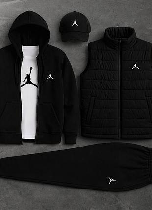 Чоловічий спортивний костюм jordan 5в1 чорний комплект джордан кофта штани жилетка футболка кепка xl (b)