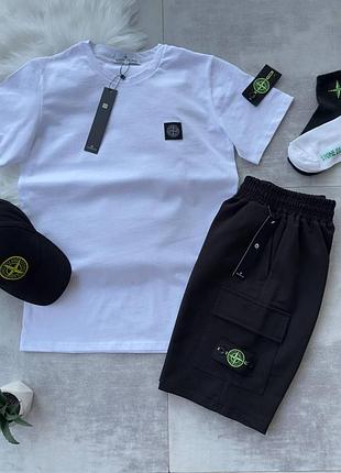 Мужской летний костюм stone island футболка + шорты + кепка + носки белый с патчем стон айленд на лето s (b)