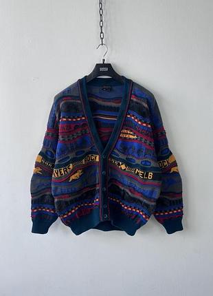 Светр кардинал coogi rare 90s emaroo australian pure new wool grandad 3d knit cardigan oversized