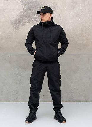 Чоловічий спортивний костюм stone island з плащової тканини чорний з капюшоном комплект стон айленд кофта + штани (b)