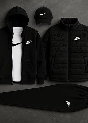 Мужской спортивный костюм nike 5в1 черный комплект найк кофта штаны куртка футболка кепка (b)