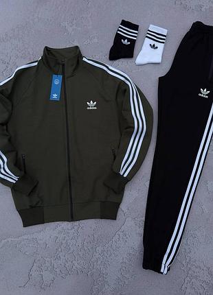 Мужской спортивный костюм adidas кофта на змейке + штаны + носки в подарок хаки с черныи адидас весенний m