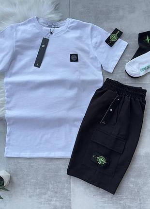 Мужской летний костюм stone island футболка + шорты + носки белый с патчем стон айленд на лето (b)