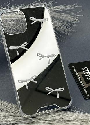 Чехол для iphone 13 с принтом бантики глянцевый силиконовый противоударный зеркальный белый бантики