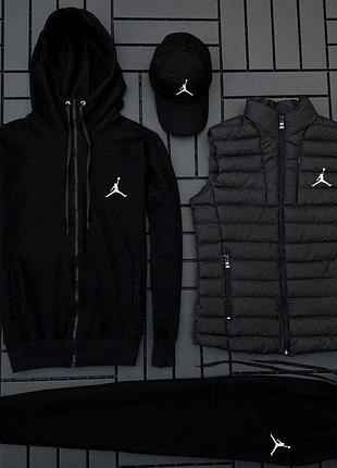 Мужской спортивный костюм jordan 4в1 черный комплект джордан худи+штаны+кепка+жилетка весенний l (b)