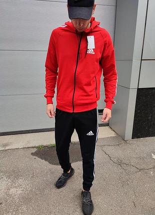 Мужской спортивный костюм adidas кофта на змейке + штаны красный с черным адидас с капюшоном весенний m (b)