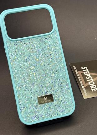 Чехол для iphone 17 pro с камушками стразами силиконовый противоударный блестящий женский бирюзовый