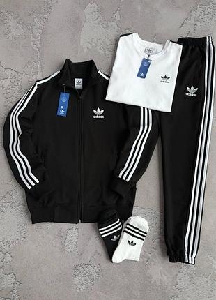 Чоловічий спортивний костюм adidas чорний весняний осінній набір адідас кофта + штани + футболка + шкарпетки (b)