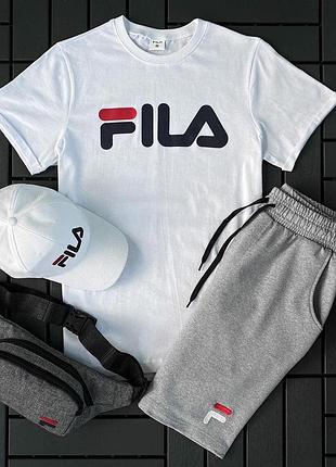 Чоловічий літній костюм fila футболка + шорти + кепка + барсетка білий із сірим комплектом філа l (bon)