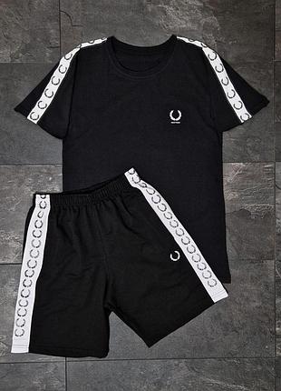 Мужской летний костюм футболка + шорти fred perry черный с лампасами комплект фред перри на лето l (b)