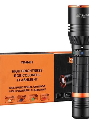 Фонарь yemao ym-g481 4led(red+green+blue+white), li-ion аккумулятор, зу type-c, zoom
