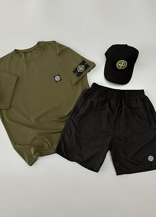 Чоловічий літній костюм stone island футболка + шорти + кепка хакі із патчем стон айленд на літо (b)