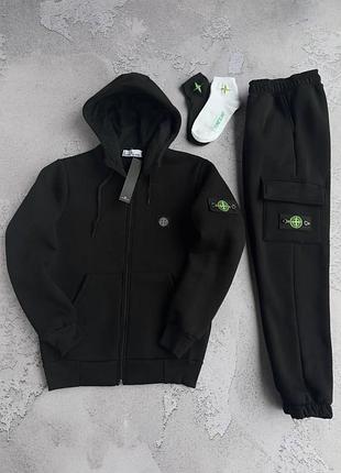 Мужской зимний спортивный костюм stone island черный на флисе стон айленд теплый с капюшоном (b)