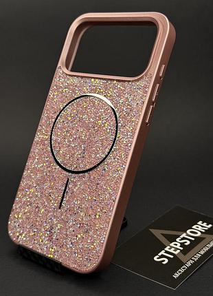 Чехол для iphone 17 pro с камушками стразами силиконовый противоударный блестящий женский с magsafe розовый