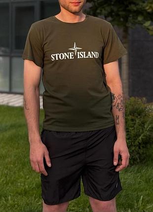 Чоловічий літній костюм stone island футболка + шорти хакі з чорним стон айленд на літо (b)