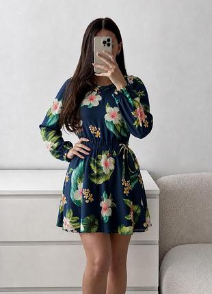 Сукня темно-синя графітова коротка 🌸 с шортами под юбкой 🌺 zara xs-s 🌿  тропический цветочный принт мини💚 красивое женское платье