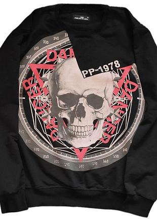 Чорний світшот светр philipp plein danger з черепом та металевою плашкою кофта свитшот с черепом philipp plein y2k cyber grunge streetwear xl l m