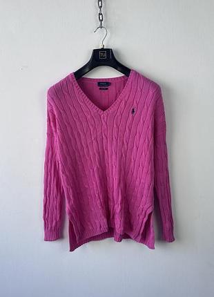 Светр жіночий polo ralph lauren womens pink cable knit jumper v neck pullover size m preppy