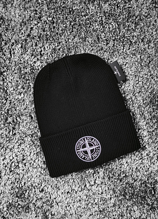 Шапка stone island чорна з білим (вишивка лого)