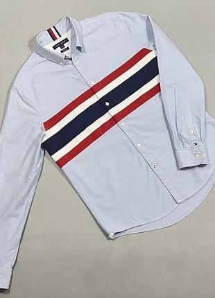 Оригінальна чоловіча сорочка tommy hilfiger slim fit shirt (розмір m) — блакитна з фірмовою смугою