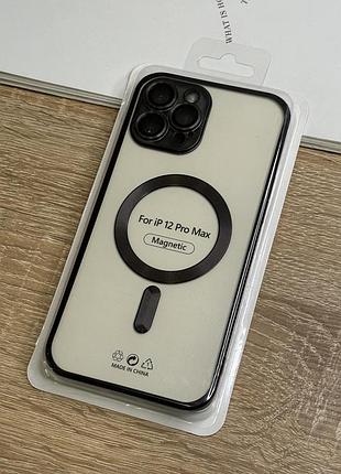 Силиконовый чехол на iphone 12 pro max с magsafe, прозрачный с чёрными бортиками и защитой камеры линзами