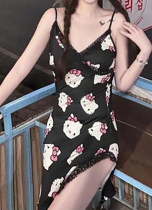 Ночная рубашка женская hello kitty: кружевная, на бретелях, чёрная с принтом, размер 2xl (10649) 2xl