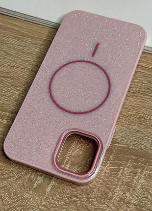 Чехол на iphone 11 розовый с блестками с магнитом магсейф