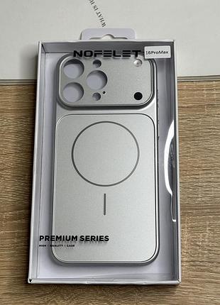 Чехол на iphone 16 pro max серебряный с магнитами магсейф и линзами nofelet matte