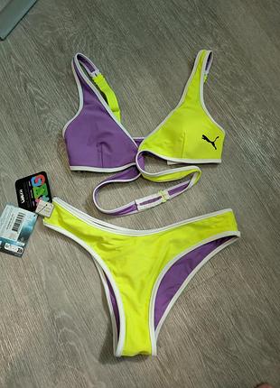 Новый раздельный купальник puma s, двусторонний, неоновый жёлтый/фиолетовый