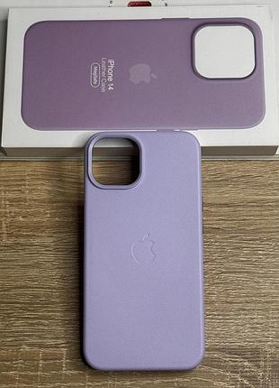 Кожаный чехол на iphone 14 с логотипом apple и magsafe, противоударный с микрофиброй, светлый фиолетовый (elegant purple)