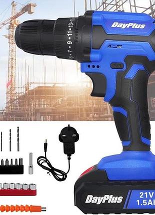 Аккумуляторная дрель dayplus cordless drill электрическая дрель-шуруповерт с 2 батареями 1.5 а·ч, 21 в