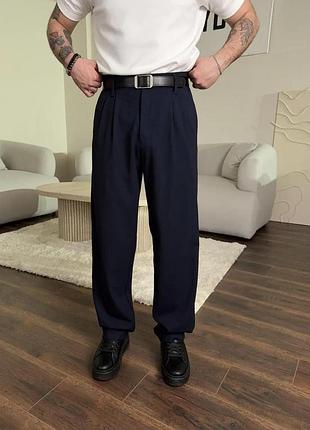 Мужские широкие стильные брюки baggy под пояс 98% хлопок, 2% эластан тёмно-синие