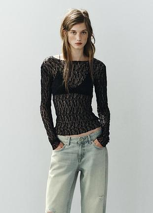 Новий топ із мереживом лонг лонгслів зара чорний мереживо zara