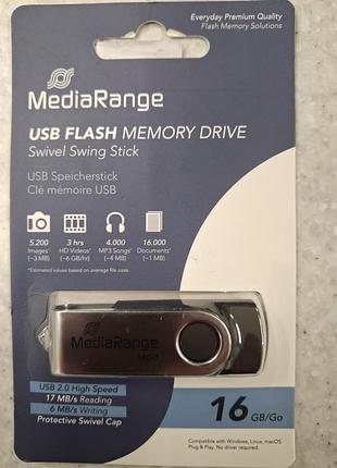 Флеш - пам'ять mediarange usb flash drive, 16gb  usb 2.0 black/silver (mr910).