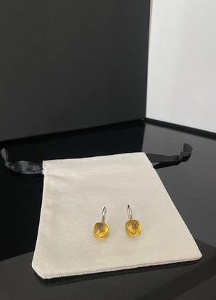 Помелато/pomellato сережки посрібнення з одним квадратним каменем жовтого кольору