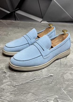Лоферы мужские замшевые голубые весенние/летние 8220 blue | стильные голубые мужские замшевые туфли лоферы