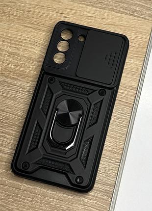 Противоударный чехол на samsung galaxy s21 fe черный с кольцом подставкой и защитой камеры armor camera