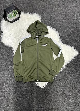 Оливкова спортивна кофта puma на змійці з капюшоном та білими вставками на рукавах.