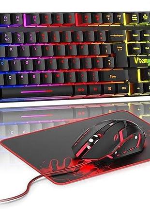 Ігрова клавіатура та мишка vtemycc дротова usb-клавіатура з led-підсвіткою + аергономічна миша + килимок