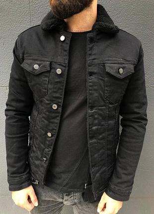 Мужская тёплая джинсовка чёрная с утеплёнными рукавами l