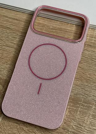 Чехол на iphone 17 pro розовый с блестками с магнитом магсейф glitter case