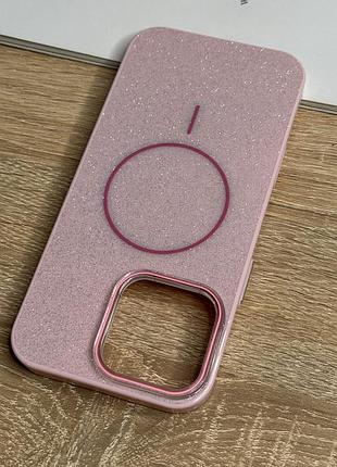 Чехол на iphone 16 pro max розовый с блестками с магнитом магсейф