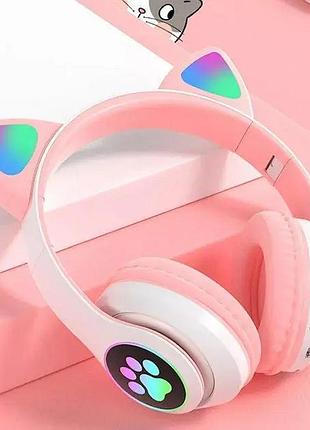 Беспроводные bluetooth наушники с кошачьими ушками и цветной подсветкой розовый