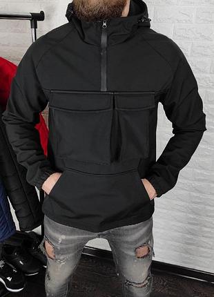 Мужской стильный анорак softshell на флисе чёрный. мужская чёрная куртка l